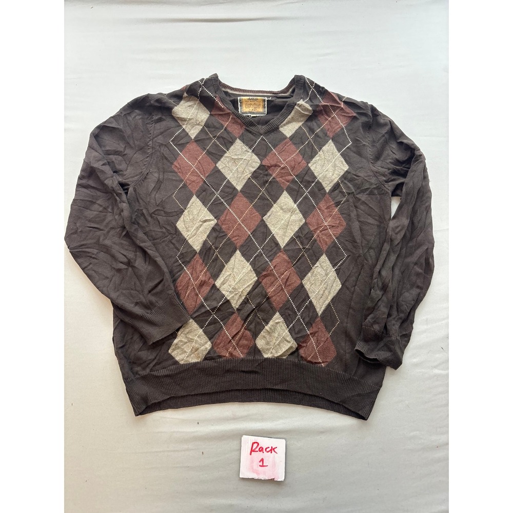 GH Bass & Co Mens XL Argyle V-Neck Sweater Brown Cotton Knit Pullover Archive